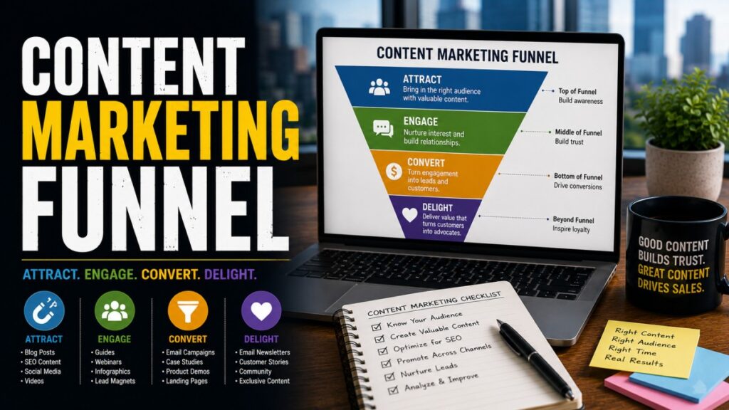 Content marketing funnel on a laptop showing how small business adverts attract, engage and convert customers