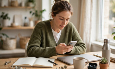 A small business owner creating social media content ideas for small business on a phone.