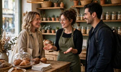 How to get first customers for small business: a small business owner welcoming customers in a shop