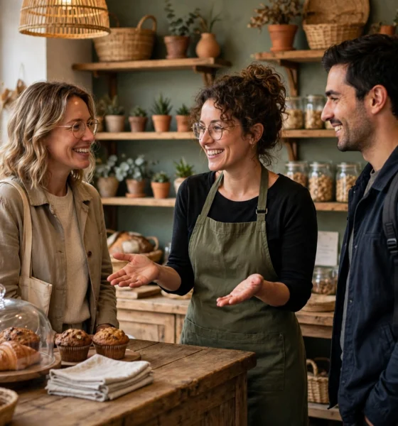 How to get first customers for small business: a small business owner welcoming customers in a shop