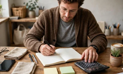 Small business marketing budget: a business owner planning spending with a calculator and notebook