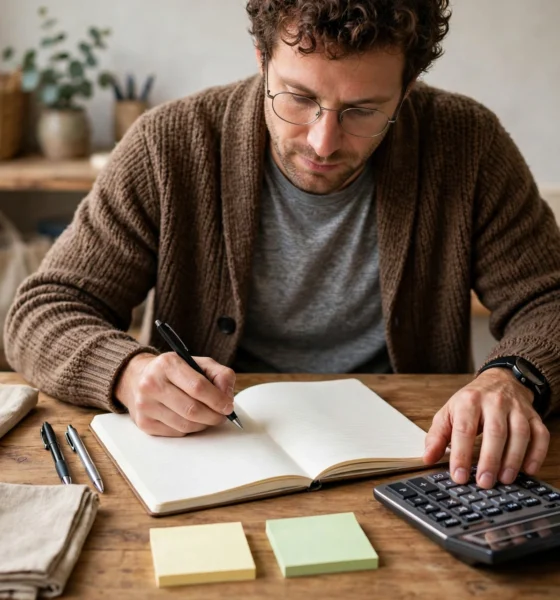 A small business owner writing a business plan at a desk with a notebook and laptop.