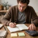 Small business marketing budget: a business owner planning spending with a calculator and notebook