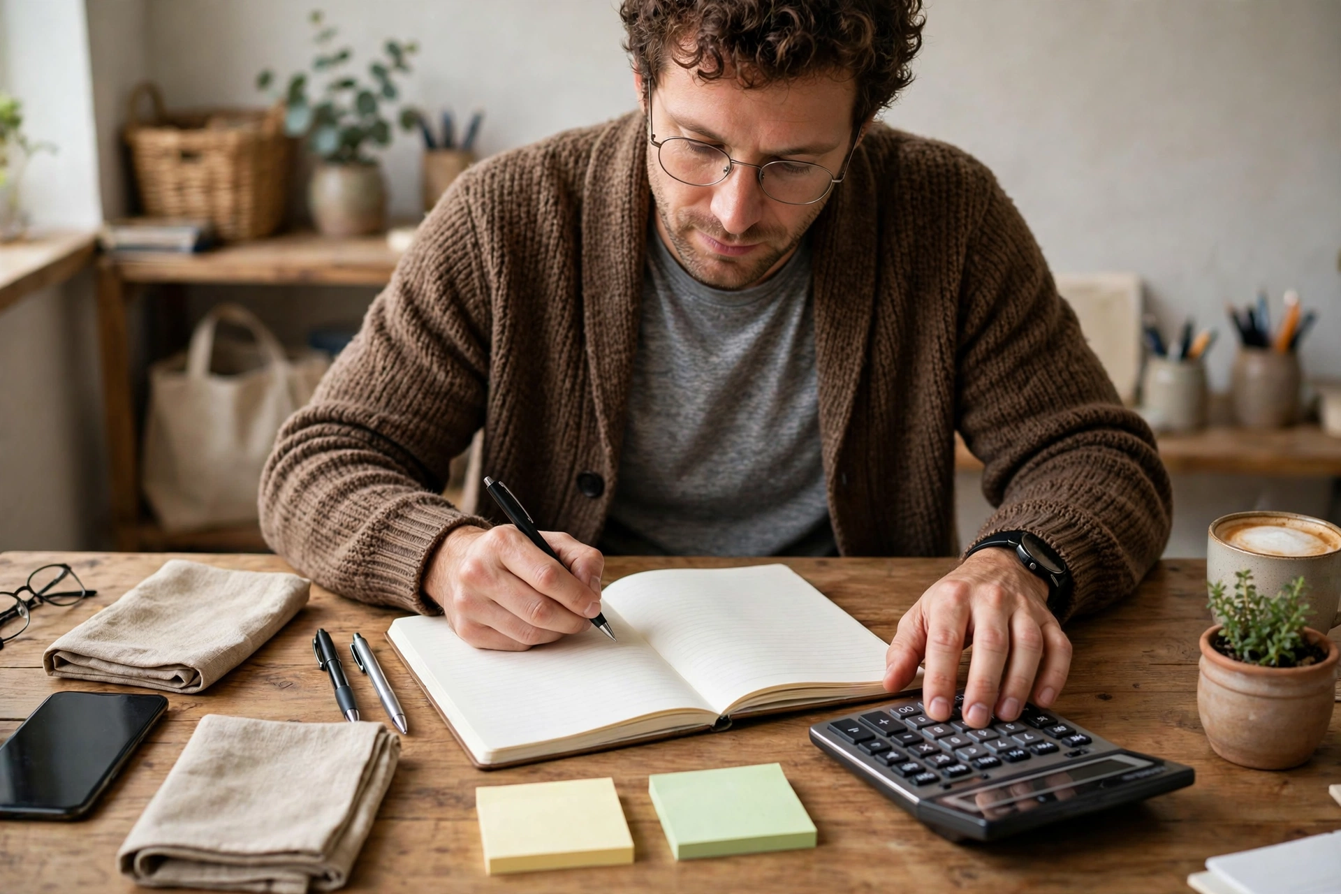 Small business marketing budget: a business owner planning spending with a calculator and notebook